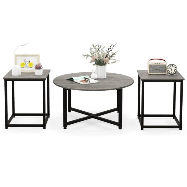 Conjunto de mesa de centro de 3 peças: mesa de centro redonda e 2 mesas laterais quadradas - Cinza
