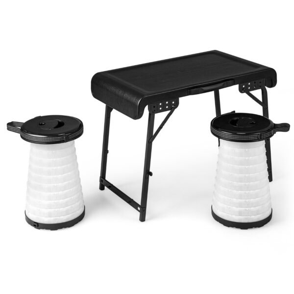 Conjunto de mesa e bancos dobráveis ​​para camping com 3 peças, incluindo 2 bancos retráteis com LED - Preto