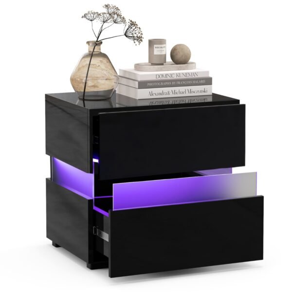 Mesa de cabeceira com LED e 2 gavetas - Preta