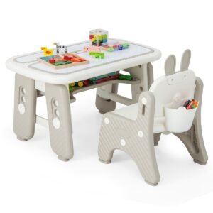 Conjunto infantil de mesa e cadeiras com estante dobrável - Cinza