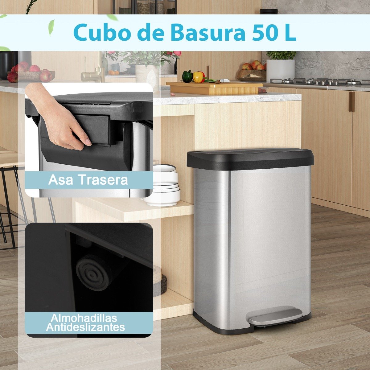 Lixeira de pedal de 50 litros (13,2 galões) com tampa de fechamento suave e compartimento desodorizante - Prata - Image 4