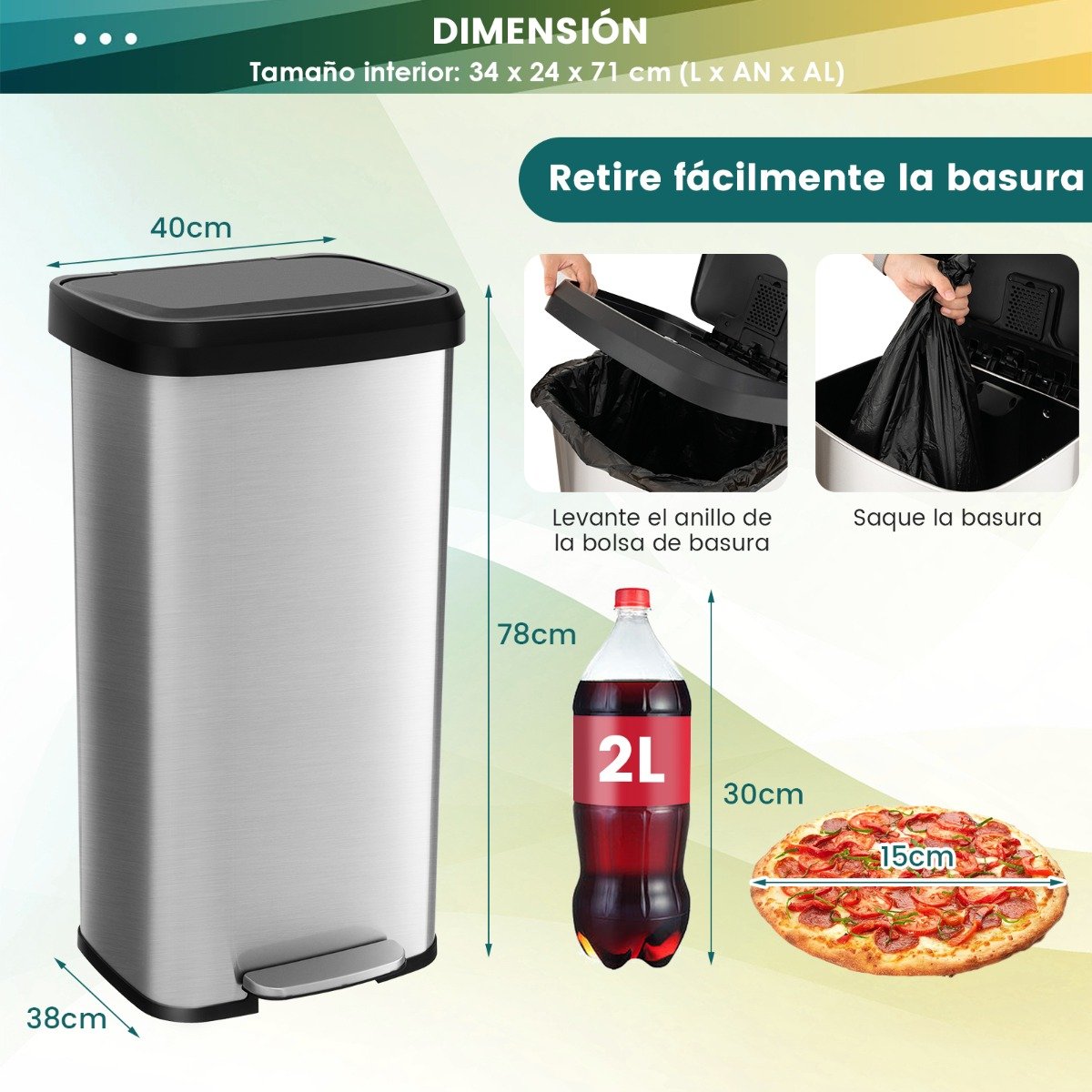 Lixeira de 68 litros com pedal, tampa de fechamento suave e compartimento desodorizador - Prata - Image 3