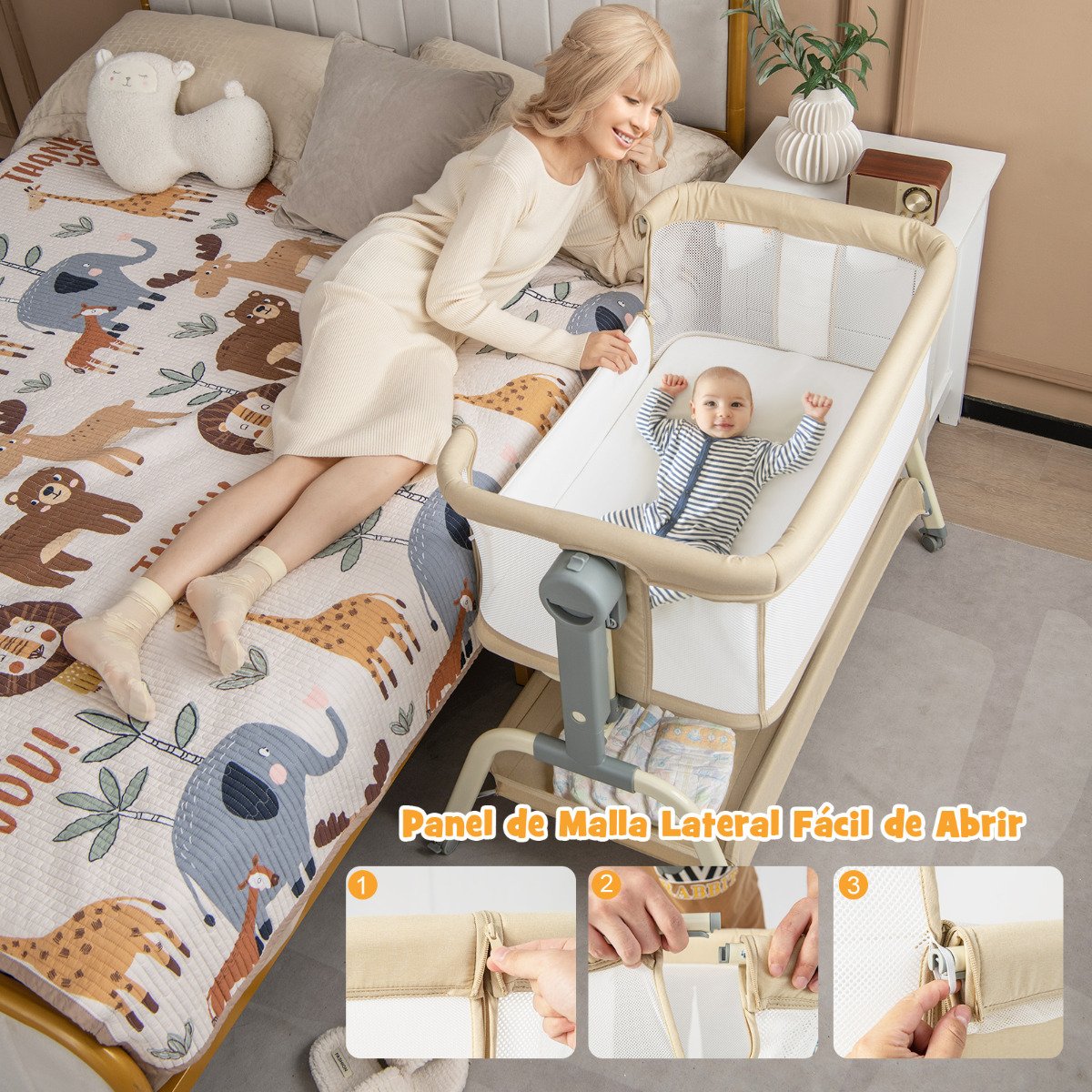 Berço móvel 4 em 1 para bebê com mosquiteiro, colchão e 6 alturas ajustáveis, bege. - Image 4