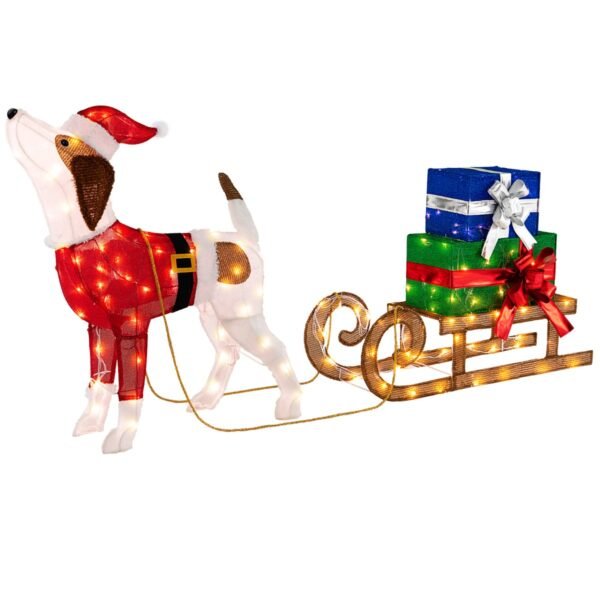 Conjunto de Decorações de Natal com Luzes para Exterior, Pré-Iluminadas, com Cachorro, Trenó e Caixas de Presente com 170 Luzes LED Quentes para Pátio e Jardim
