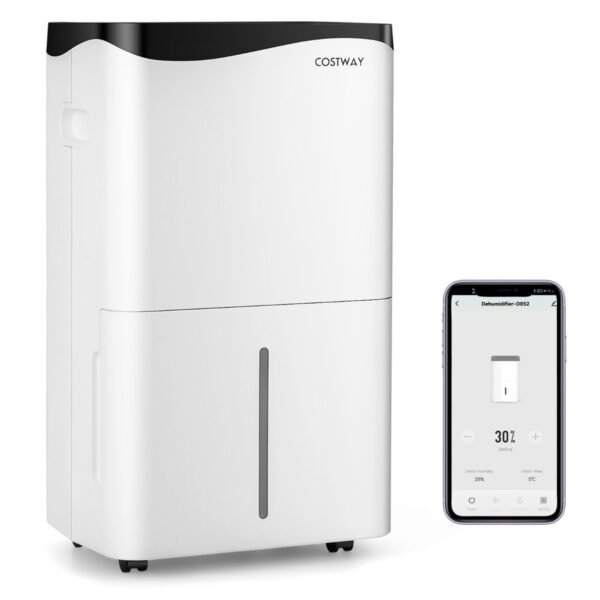 Desumidificador doméstico com 4 modos, capacidade de 50 litros por dia, nas cores branco e preto.