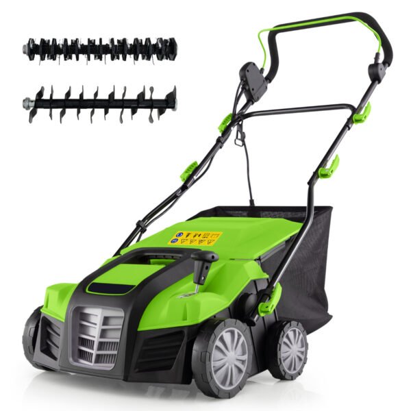 Escarificador e aerador de gramado elétrico de 41 cm, 15 A, 2 em 1, com ajuste de altura em 3 posições, cor verde.
