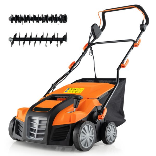 Escarificador e aerador de gramado elétrico de 41 cm, 15 A, 2 em 1, com ajuste de altura em 3 posições, laranja.