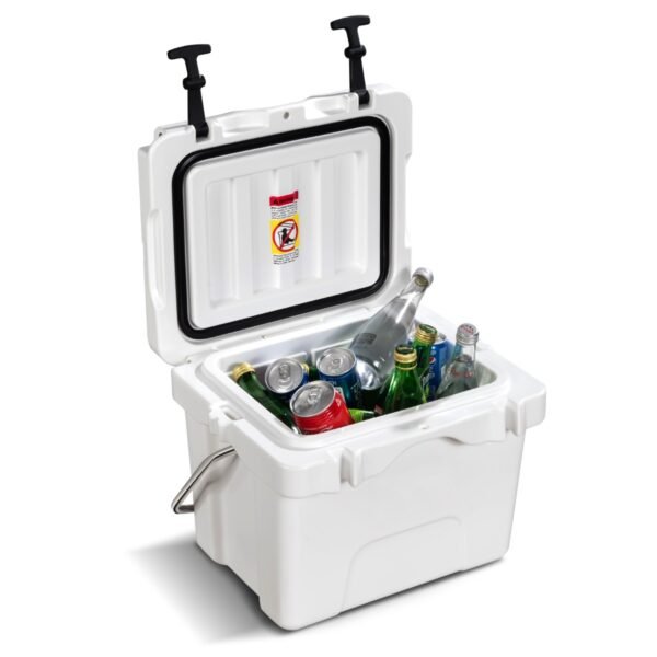 Caixa térmica portátil com porta-copos para camping, branca.