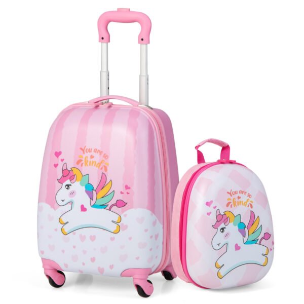Conjunto de malas com estampa de unicórnio, 2 peças: mala infantil de 40 cm + mochila de 30 cm rosa.