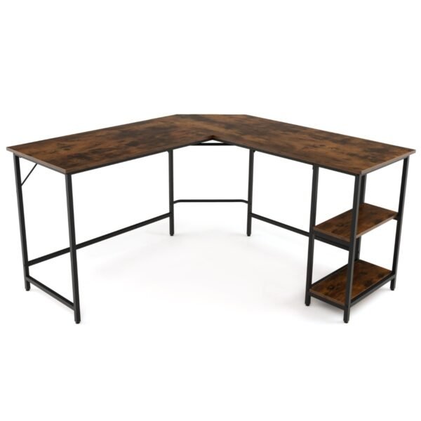 Mesa em formato de L com prateleira de armazenamento de 2 níveis para casa