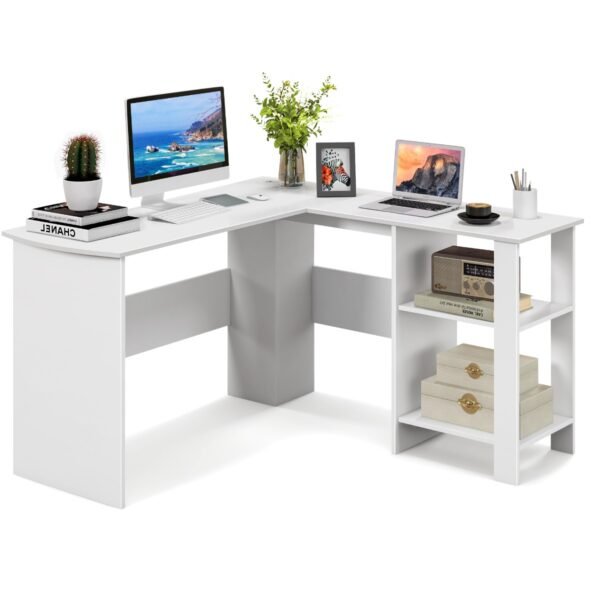 Mesa de computador grande e moderna em formato de L com 2 orifícios para cabos e 2 prateleiras de armazenamento - Branca