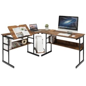 Mesa em formato de L com tampo inclinável, estante inferior e suporte para CPU, mesa de desenho, mesa para computador, 170 x 150 x 75 cm, marrom