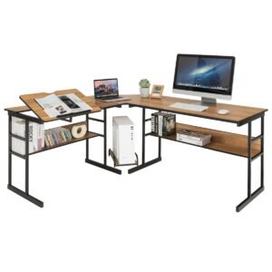 Mesa em formato de L com tampo inclinável, estante inferior e suporte para CPU, mesa de desenho, mesa para computador, 170 x 150 x 75 cm, nogueira