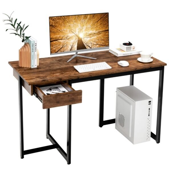 Mesa de computador de 48 polegadas com estrutura de metal e almofadas ajustáveis ​​- Marrom