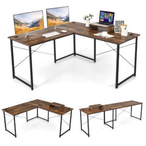 Mesa de computador reversível em formato de L para 2 pessoas, 241 cm (95 polegadas), com suporte para monitor - Marrom Rústico