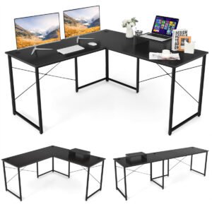 Mesa de computador reversível em formato de L para 2 pessoas, 95 polegadas, com suporte para monitor - Preta