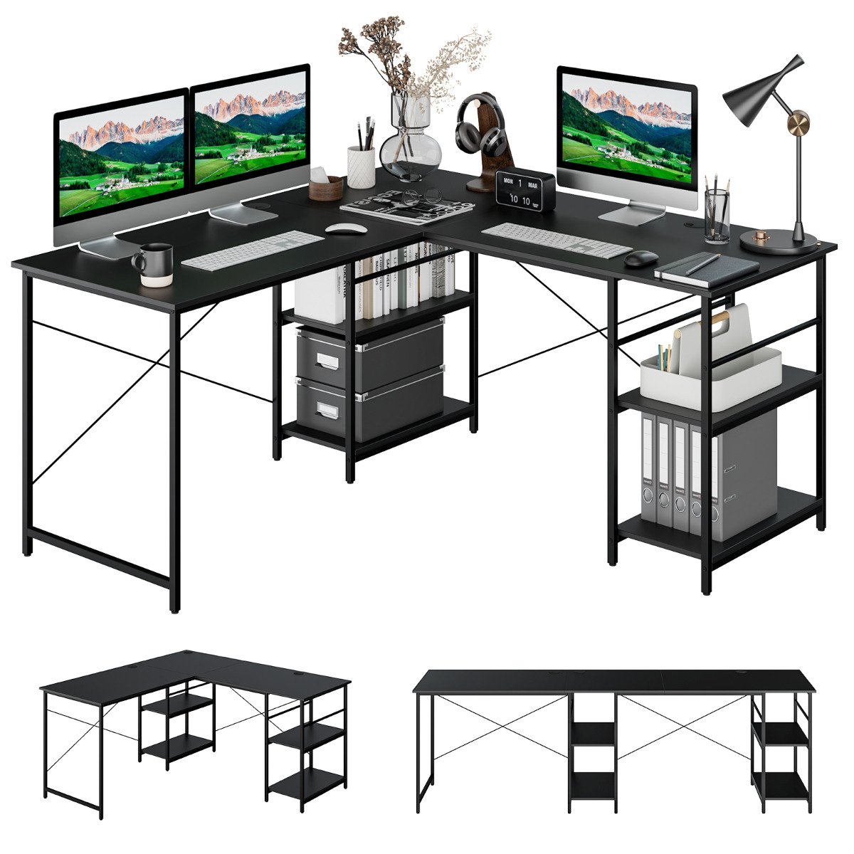 Mesa de computador conversível em formato de L de 151 cm com 4 prateleiras de armazenamento para escritório doméstico - Preta