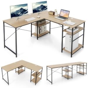 Mesa de computador em formato de L com 4 prateleiras de armazenamento e orifícios para cabos - Cor natural