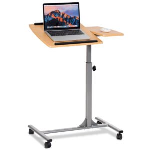 Mesa ajustável para laptop com suporte e rodízios.