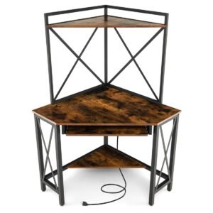 Mesa de canto para computador com estação de carregamento, suporte para teclado e 2 prateleiras, 113 x 75 x 145 cm, marrom rústico + preto.