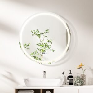 Espelho de banheiro redondo com função antiembaçante, aquecimento e visor. Espelho com LED dimerizável.