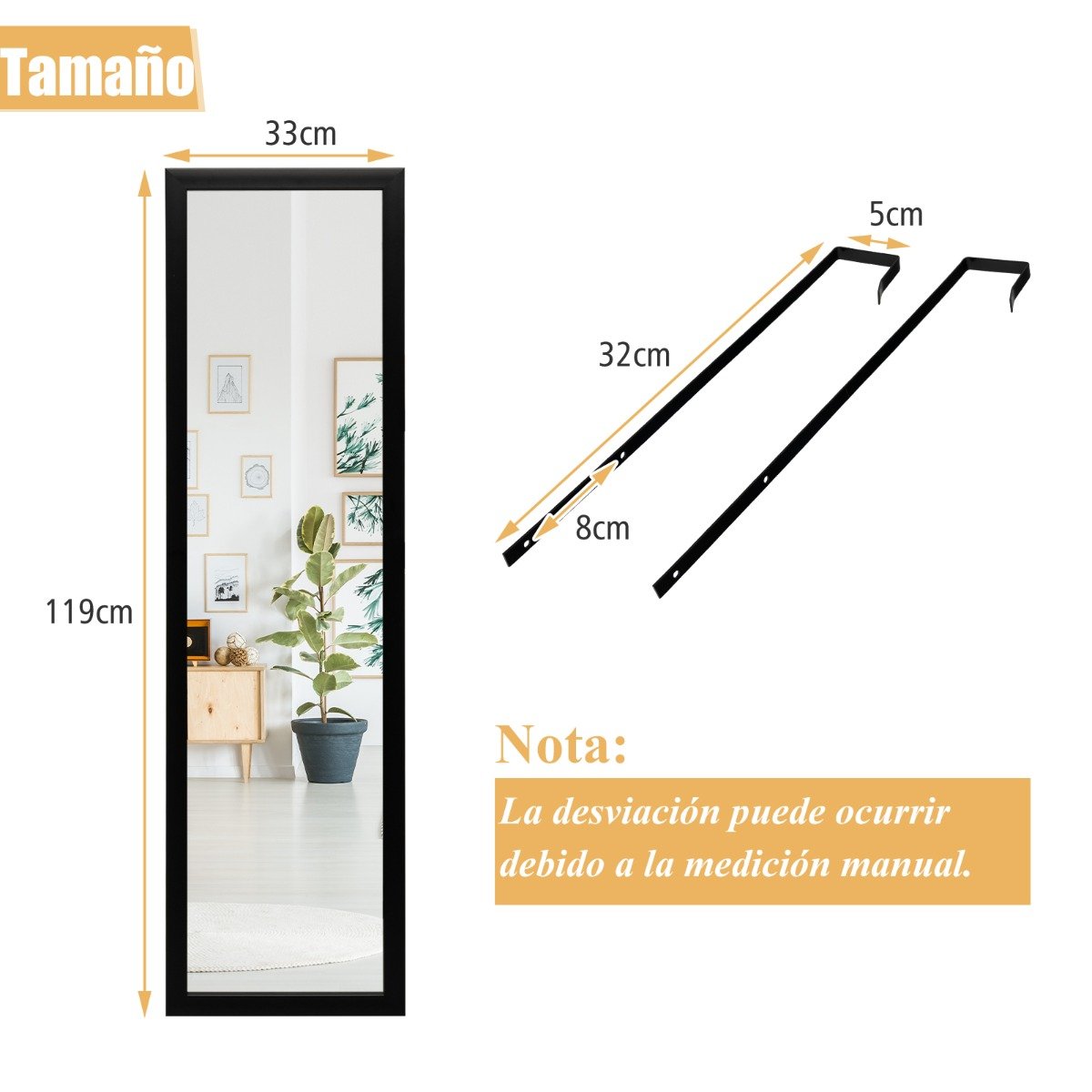 Espelho de corpo inteiro com ganchos para pendurar, preto, para quarto. - Image 3