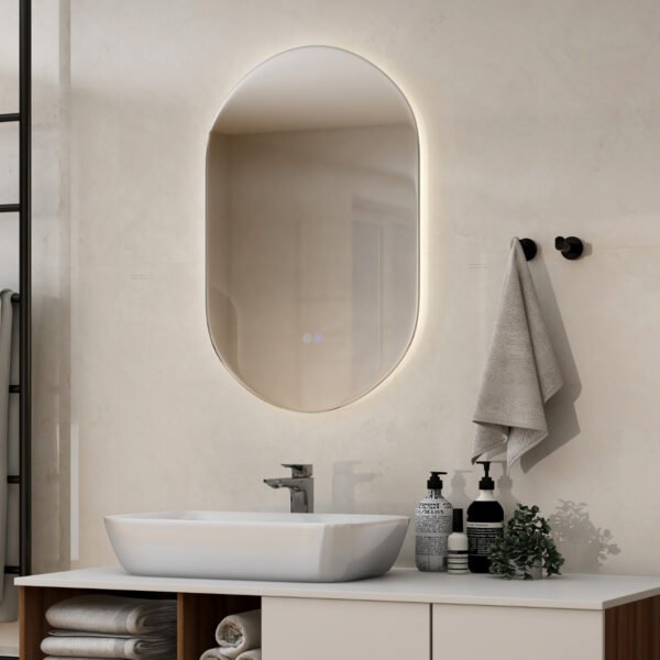 Espelho de parede oval com LED, 80 x 50 cm, dimerizável, para banheiro.