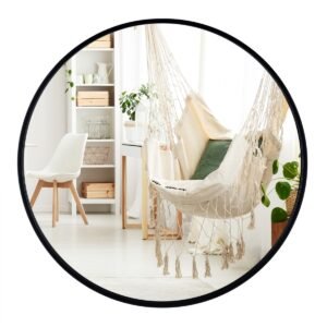 Espelho de banheiro redondo preto de 24 polegadas com película à prova de explosão.