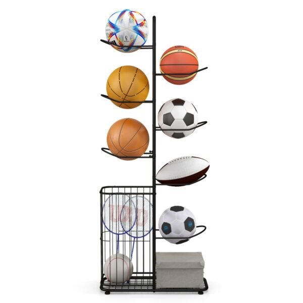 Suporte metálico para bola de basquete com 7 hastes removíveis para pendurar e cesta lateral para bolas.
