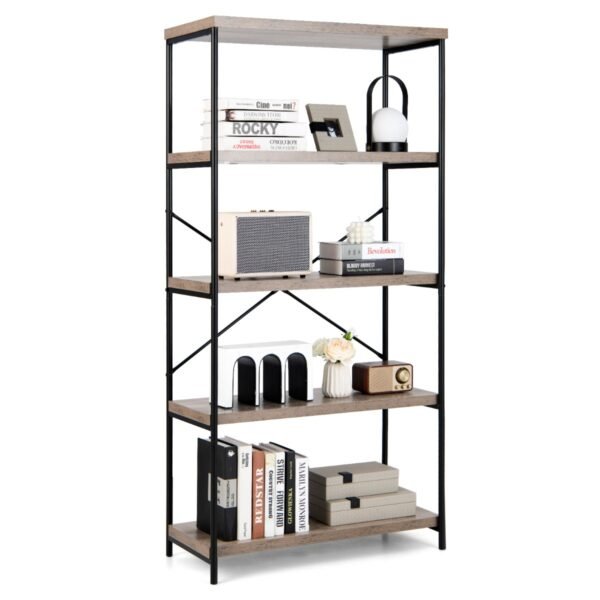 Estante de livros industrial de 5 níveis com estrutura metálica - Cinza
