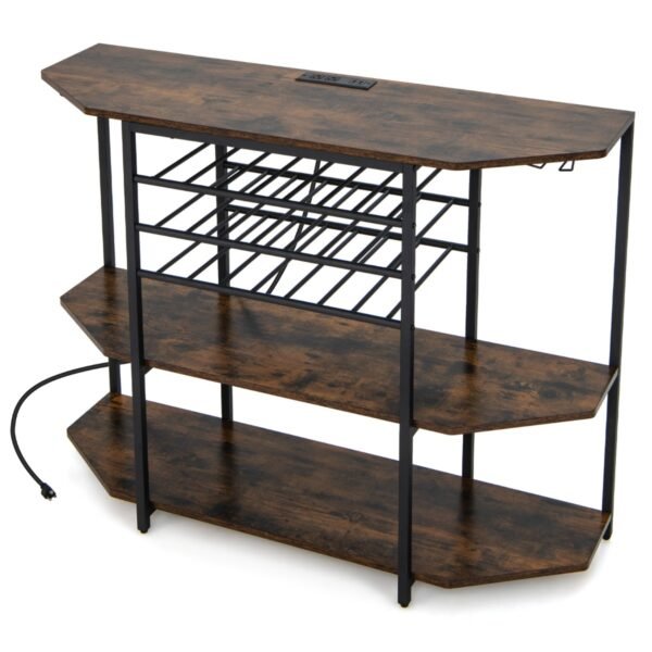 Adega Industrial de 3 Níveis com Tomadas, Suporte para Garrafas e Porta-Taças - Armário para Bar de Vinhos Marrom