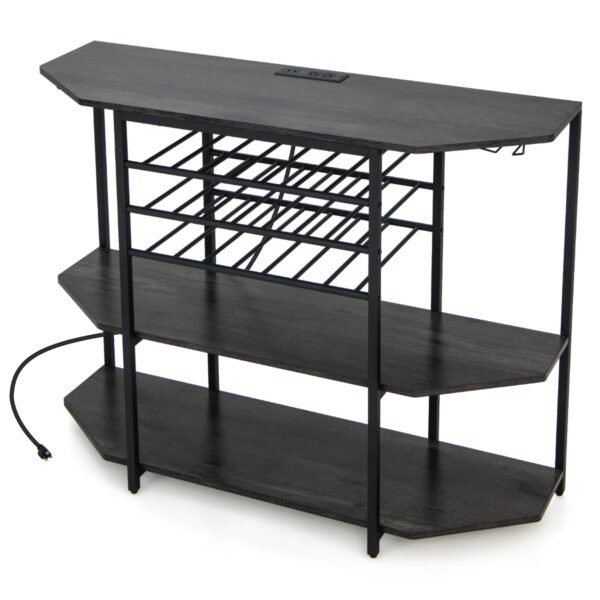 Adega industrial de 3 níveis com tomadas, suporte para garrafas e porta-taças, cor cinza.