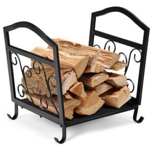 Suporte para lenha de lareira em ferro forjado para uso interno.