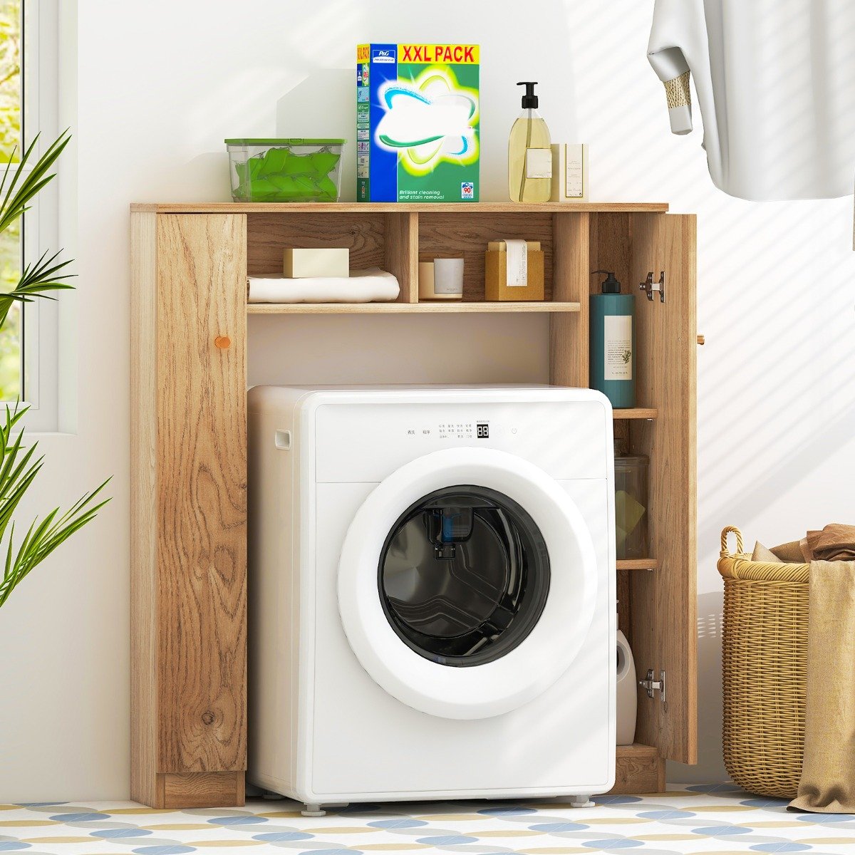 Armário para pendurar sobre o vaso sanitário com 2 compartimentos abertos e 4 prateleiras ajustáveis - Cor natural - Image 2