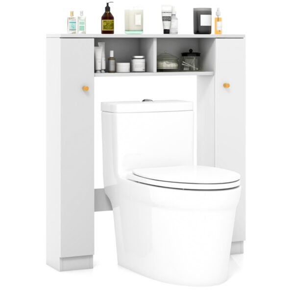 Armário para pendurar sobre o vaso sanitário com 2 compartimentos abertos e 4 prateleiras ajustáveis ​​- Branco