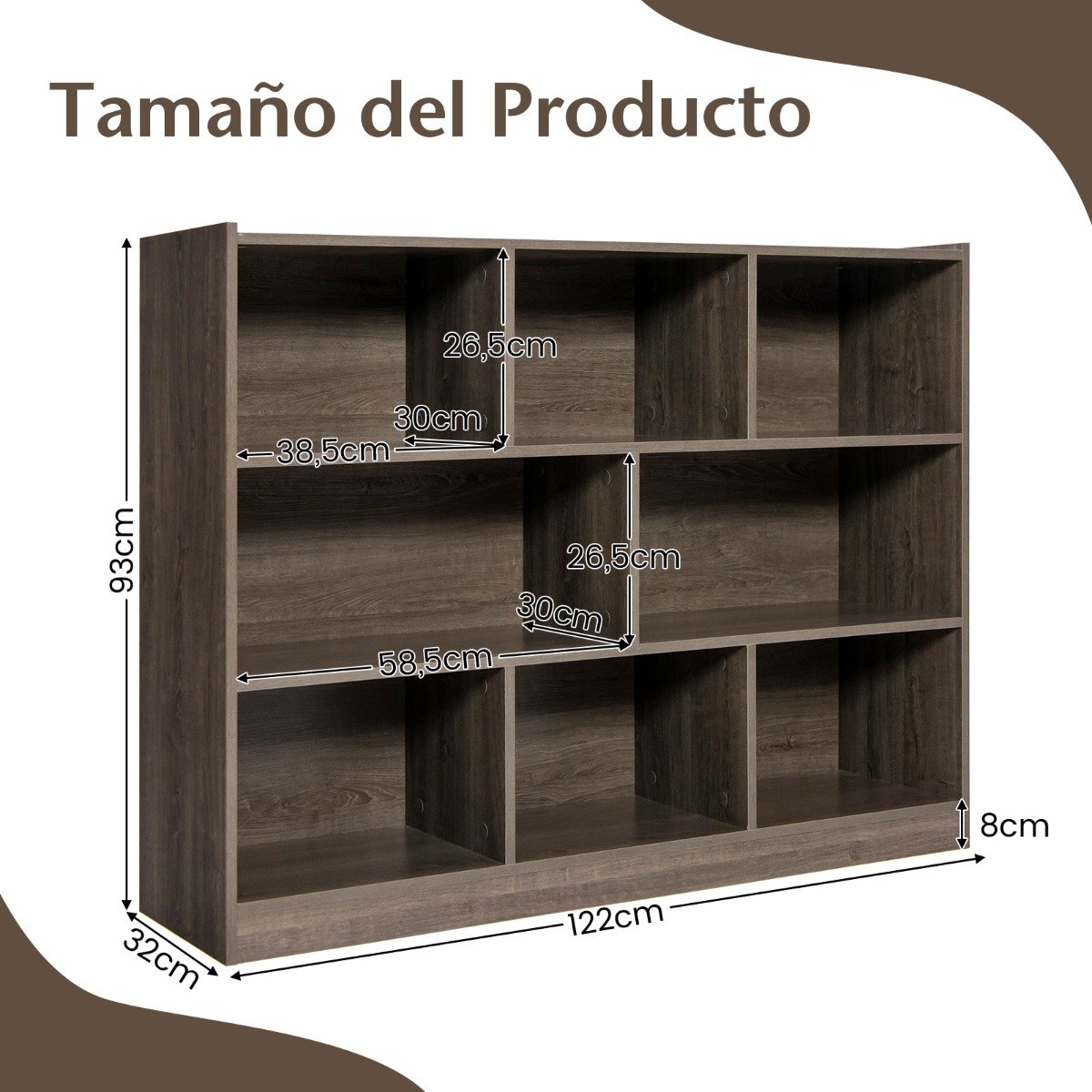 Estante aberta de 3 níveis com 8 nichos para armazenamento e exibição de livros - Cinza - Image 3