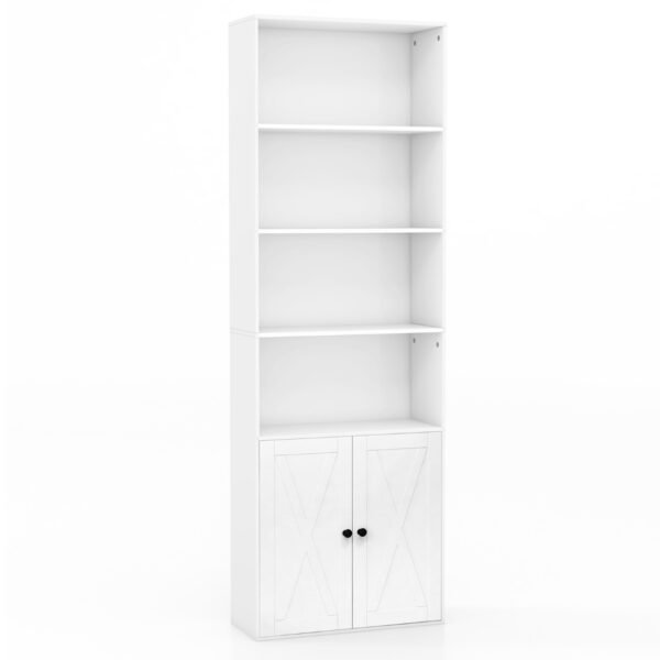 Estante de fazenda de 180 cm com portas, 6 prateleiras e armário de 2 portas.