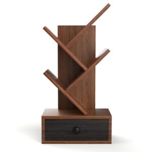 Estante de chão em formato de árvore com 5 prateleiras e gaveta - Marrom