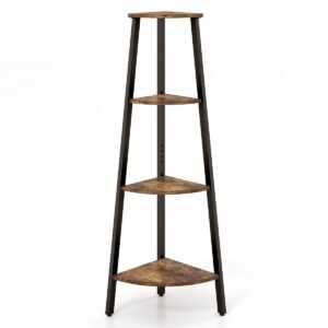 Estante de canto em formato de escada com 4 níveis, estrutura metálica reforçada e dispositivo anti-tombamento - Marrom Rústico