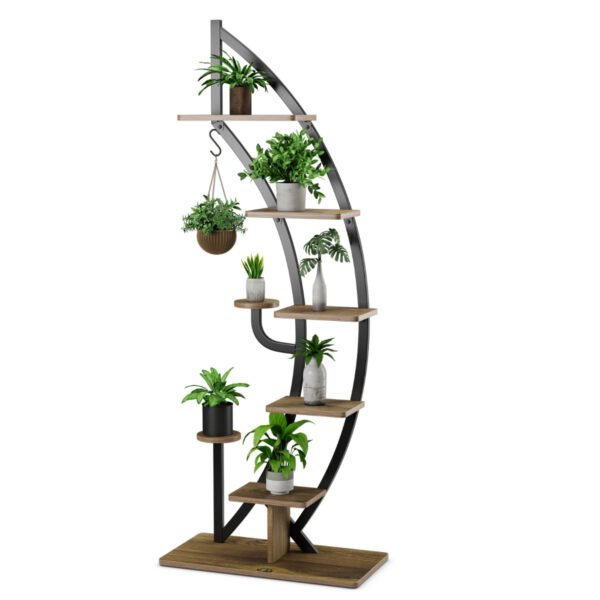 Suporte para plantas de madeira curvada em formato de meia-lua com 8 níveis e gancho superior - Cor natural