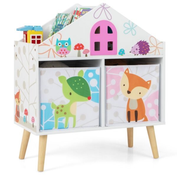Estante infantil em formato de casa com 2 caixas organizadoras para quarto infantil ou sala de jogos - Branca