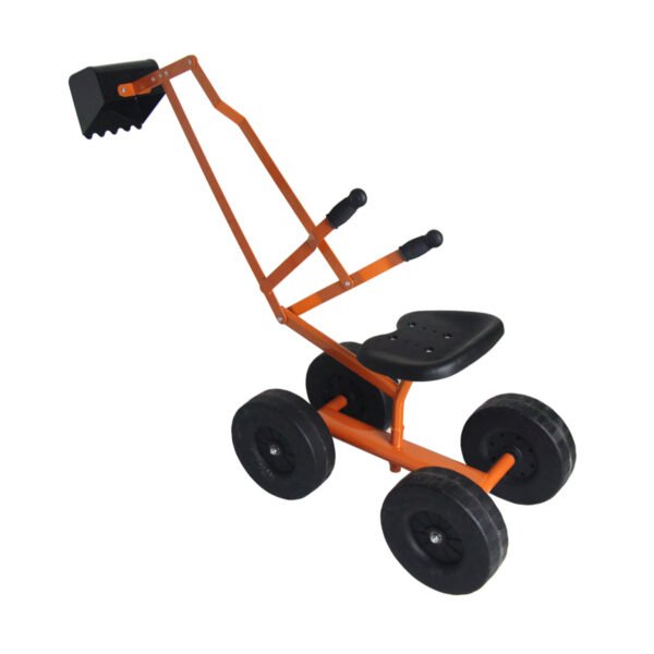 Carrinho de areia infantil com assento giratório para praia, cor laranja.