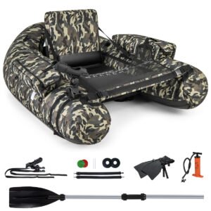 Bote inflável com régua para medir peixes, suporte para vara de pesca e remo, camuflado.