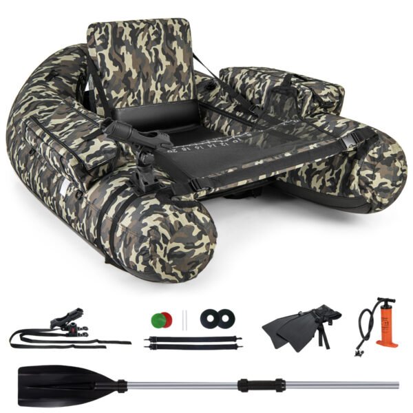 Bote inflável com régua para medir peixes, suporte para vara de pesca e remo, camuflado.