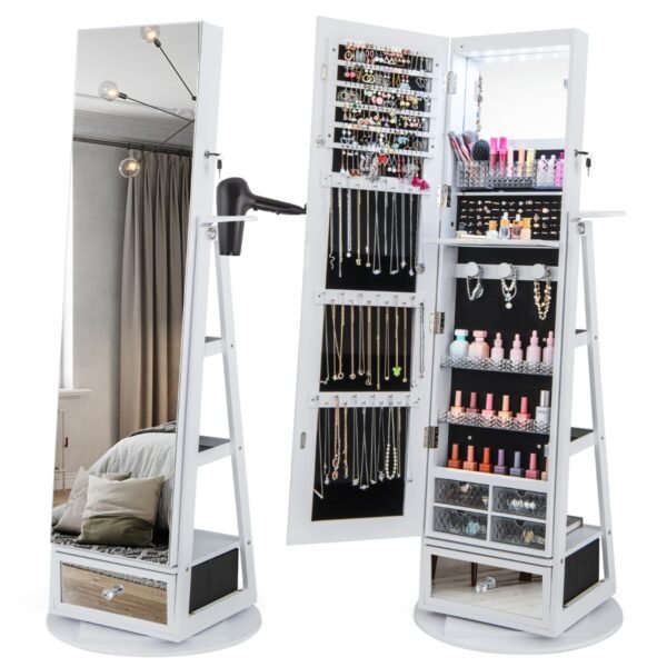 Armário de joias giratório 360° com fechadura, espelho de corpo inteiro e luzes LED - Branco