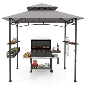 Gazebo para churrasqueira de 242 x 153 cm com 2 prateleiras laterais e cesto de armazenamento - Cinza