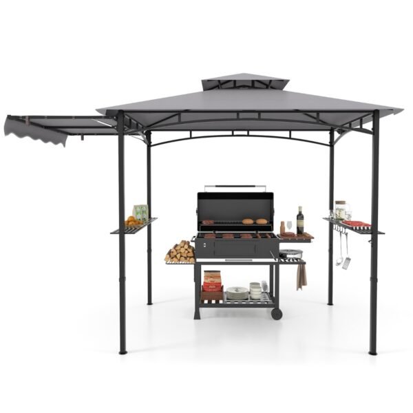 Gazebo para churrasqueira de 10,5 x 5 pés com toldo lateral e cobertura de dois níveis - Cinza