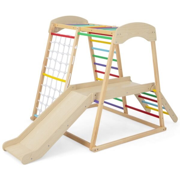 Playground de madeira infantil 6 em 1 para ambientes internos com barras de macaco - Multicolorido