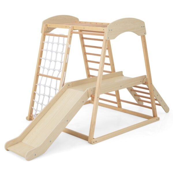 Playground de madeira infantil 6 em 1 para ambientes internos com barras de macaco - Natural
