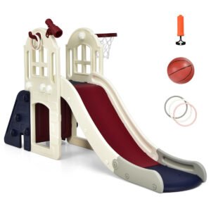 Tobogã grande 6 em 1 com cesta de basquete para playground interno e externo - Azul
